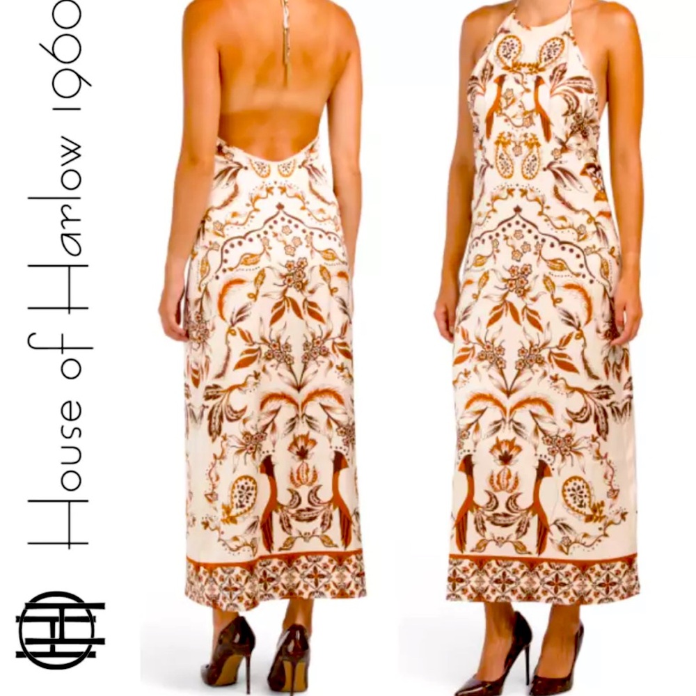 House of Harlow 1960  Satin 53" Long Halter Maxi Dress in Cream & Browns